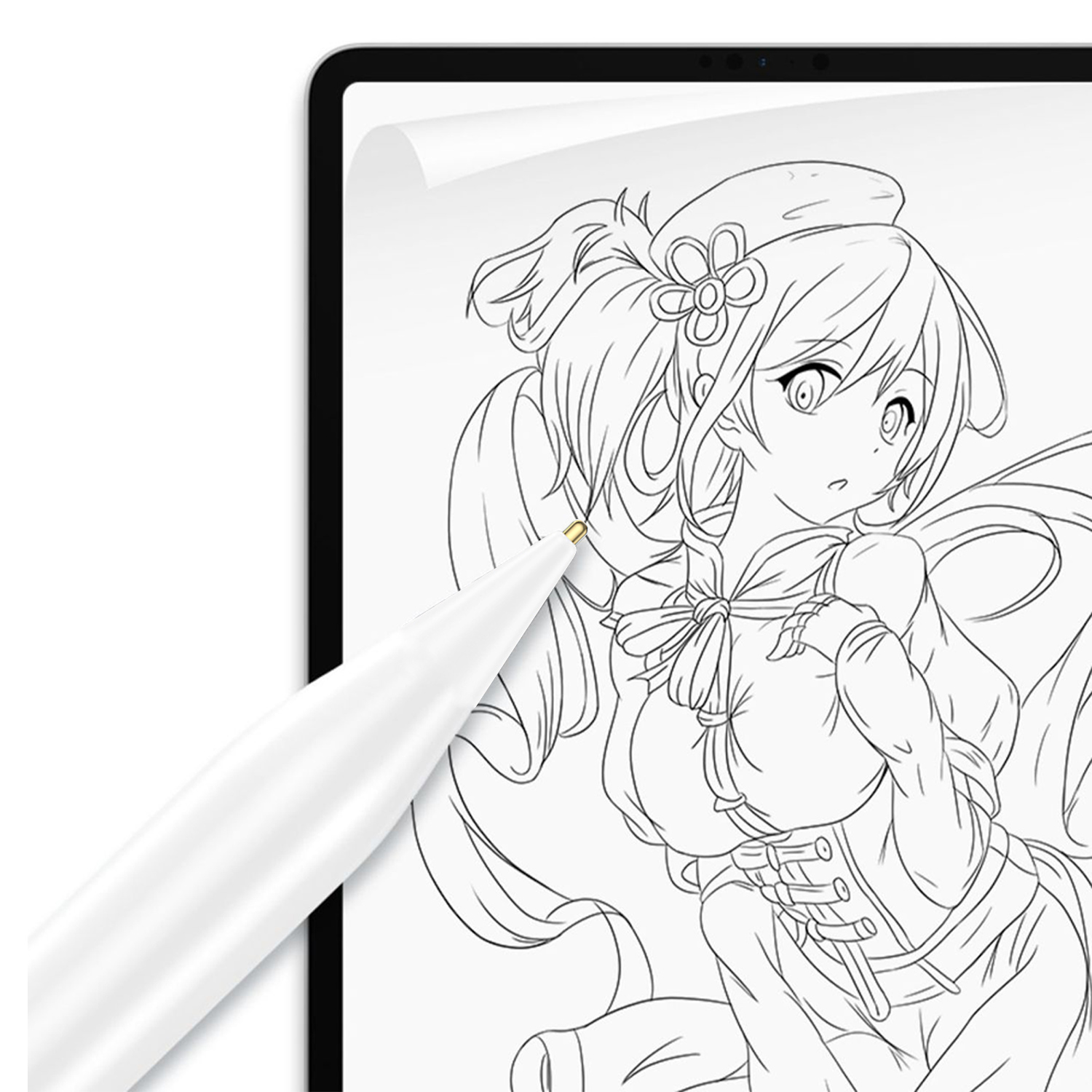 Uno stilo bianco disegna un personaggio anime su un tablet.