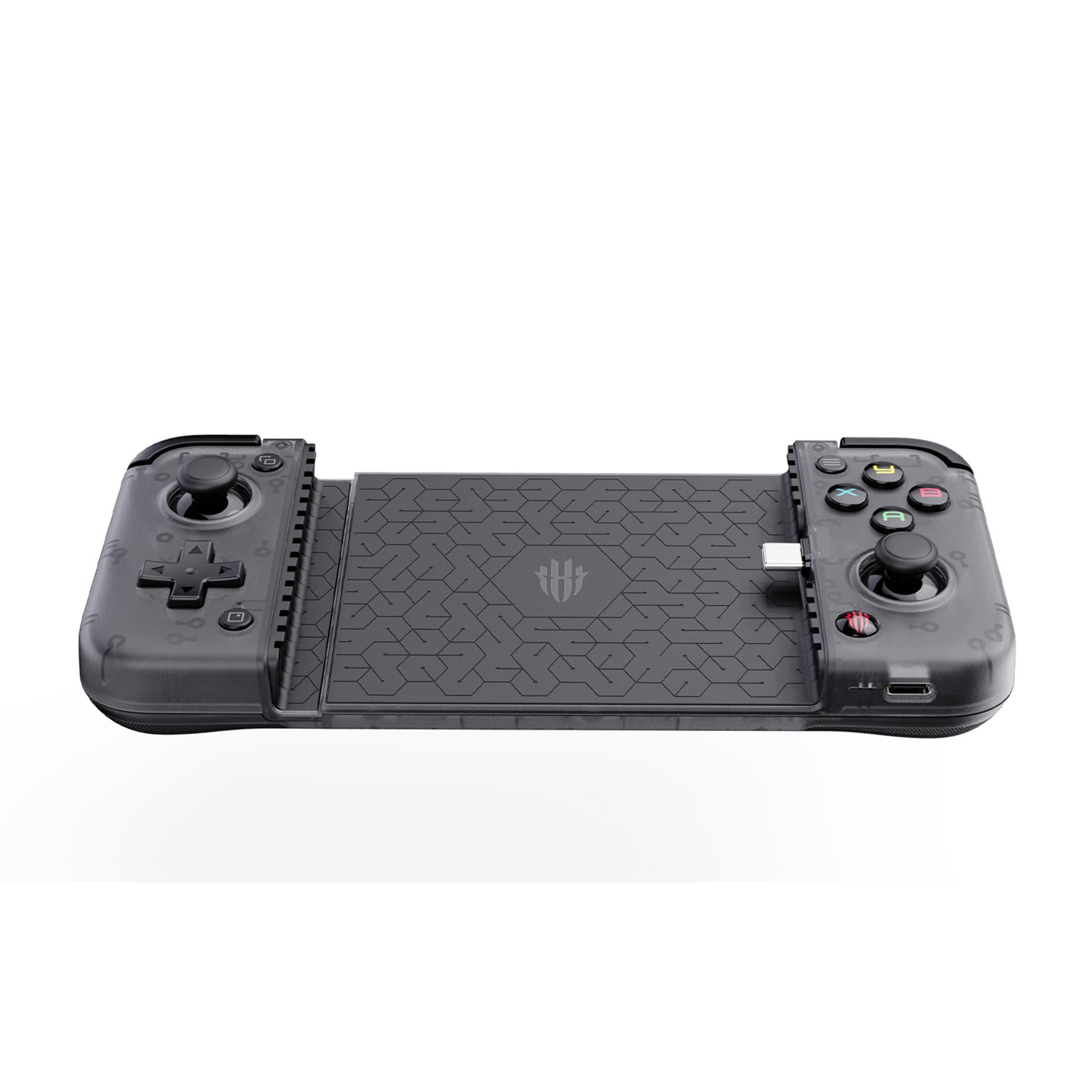 Controller di gioco mobile nero con levette, d-pad, pulsanti colorati e connettore Type-C.