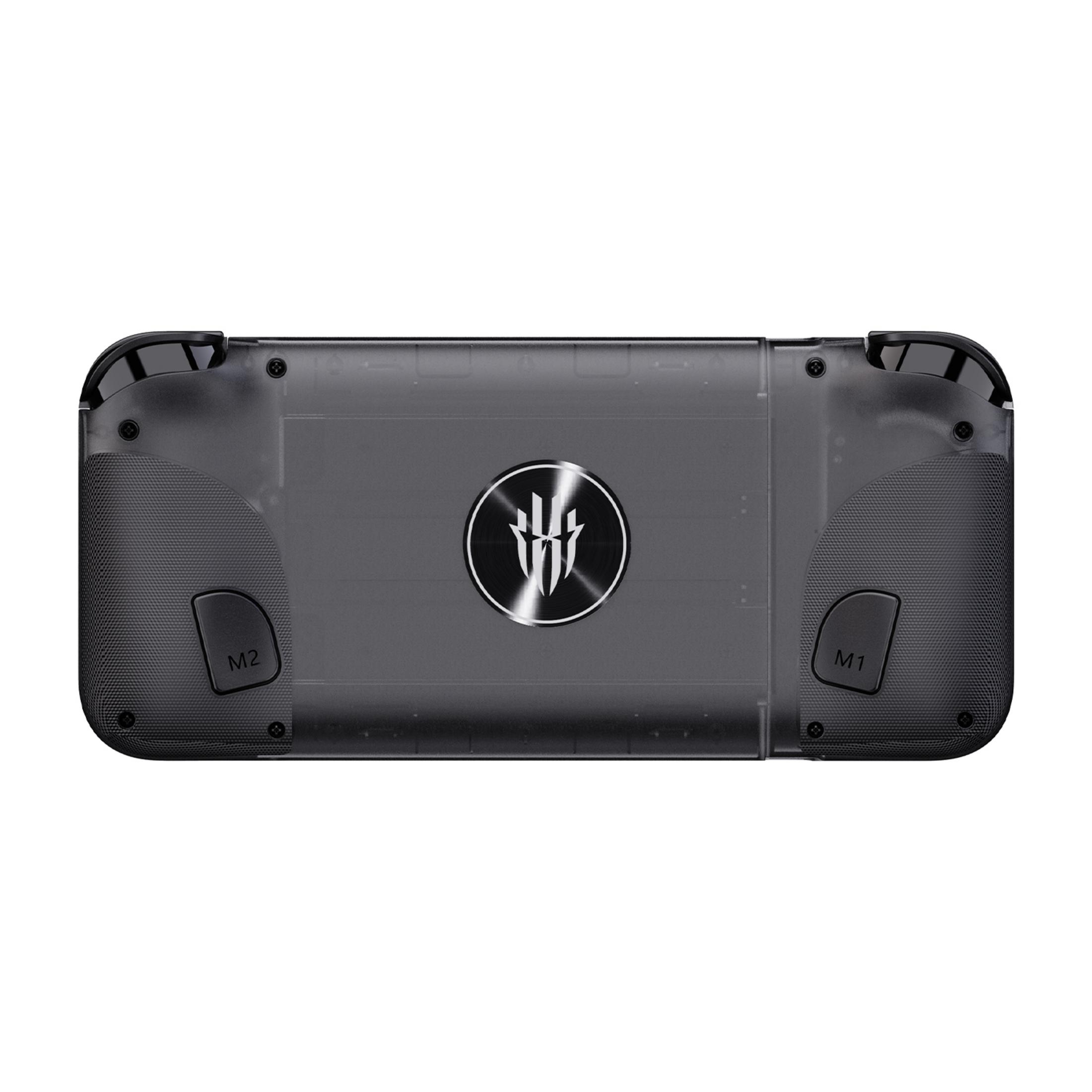 Il retro di una console di gioco portatile scura con pulsanti M1 e M2 e un logo circolare al centro.