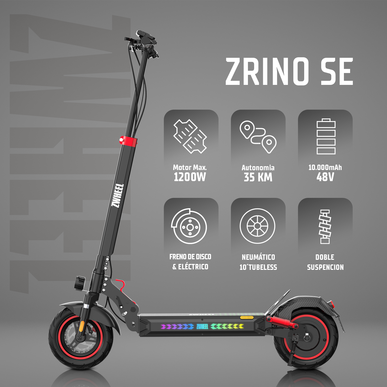 Un patinete eléctrico negro llamado ZRINO SE con detalles en rojo y especificaciones técnicas sobre fondo gris.