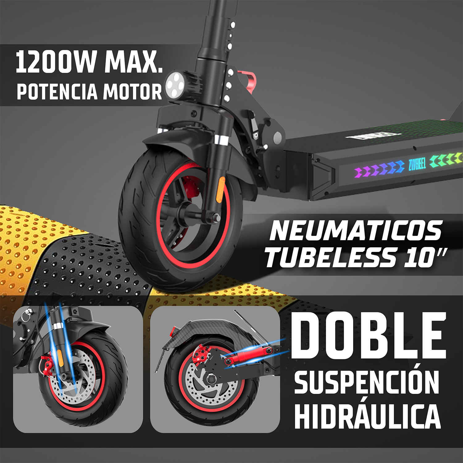 Patinete eléctrico con motor de 1200W, neumáticos tubeless de 10" y doble suspensión hidráulica.
