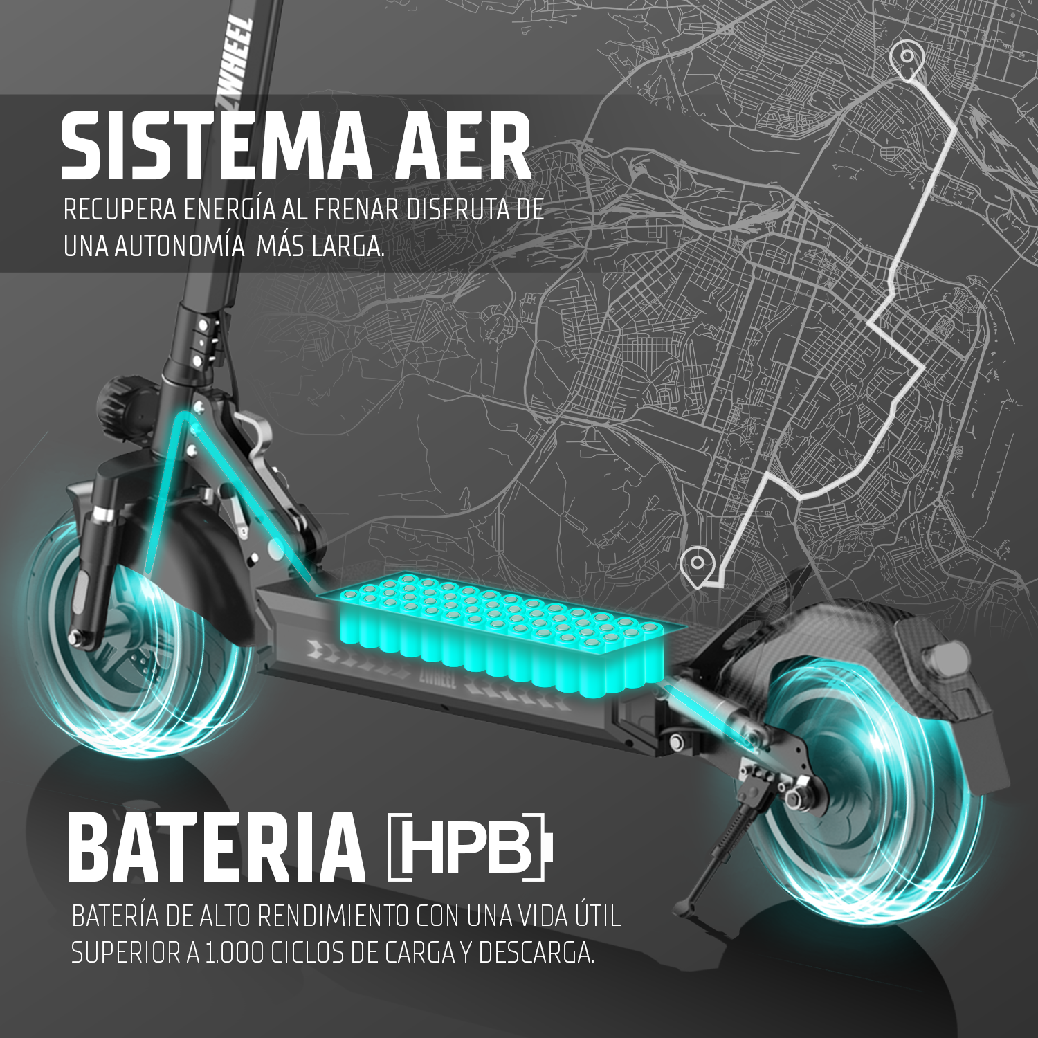 Patinete eléctrico con ruedas brillantes y batería dentro del chasis sobre un mapa.