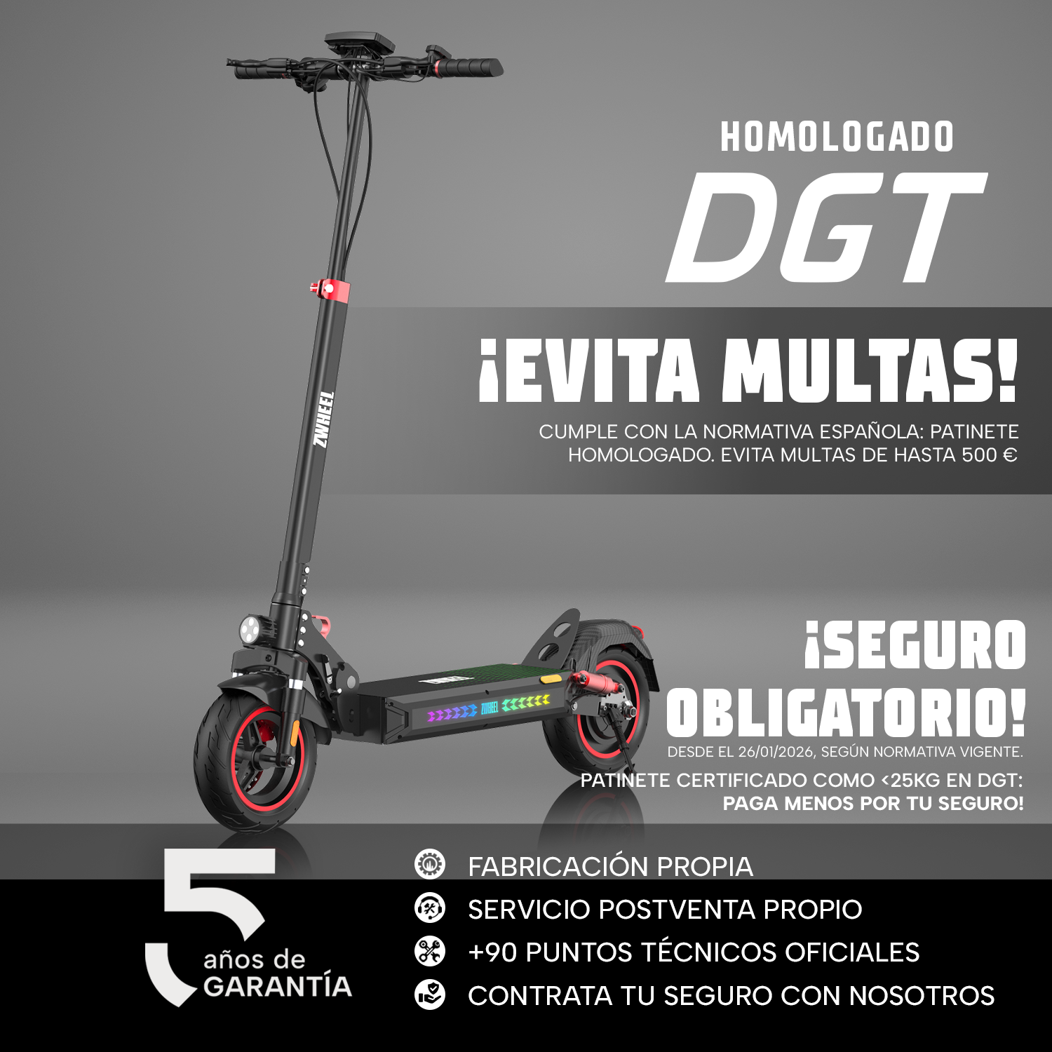 Un patinete eléctrico negro sobre fondo gris con textos promocionales sobre homologación y garantía.