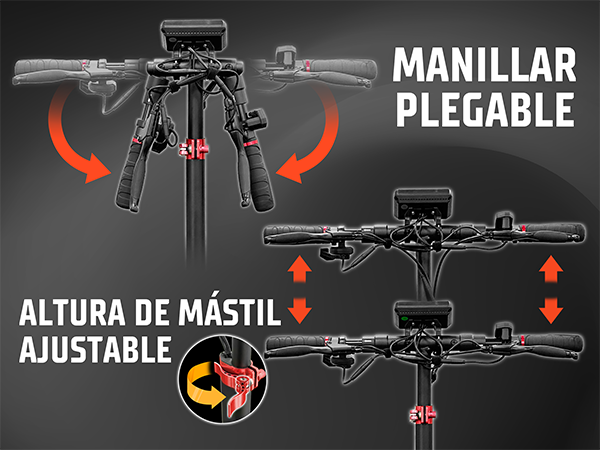 Diagrama que muestra el manillar plegable y la altura del mástil ajustable de un patinete eléctrico.