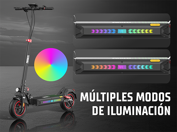 Un patinete eléctrico negro con luces LED laterales de colores, una rueda de color y texto en español.