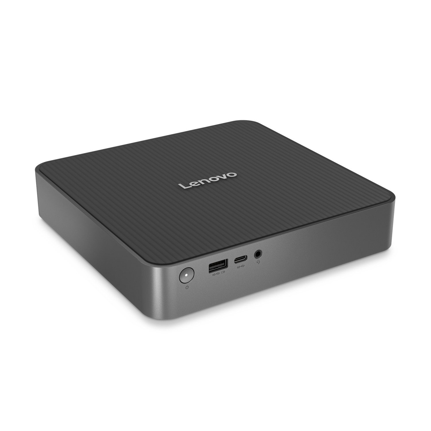 Un mini PC Lenovo gris con puertos frontales sobre fondo blanco.