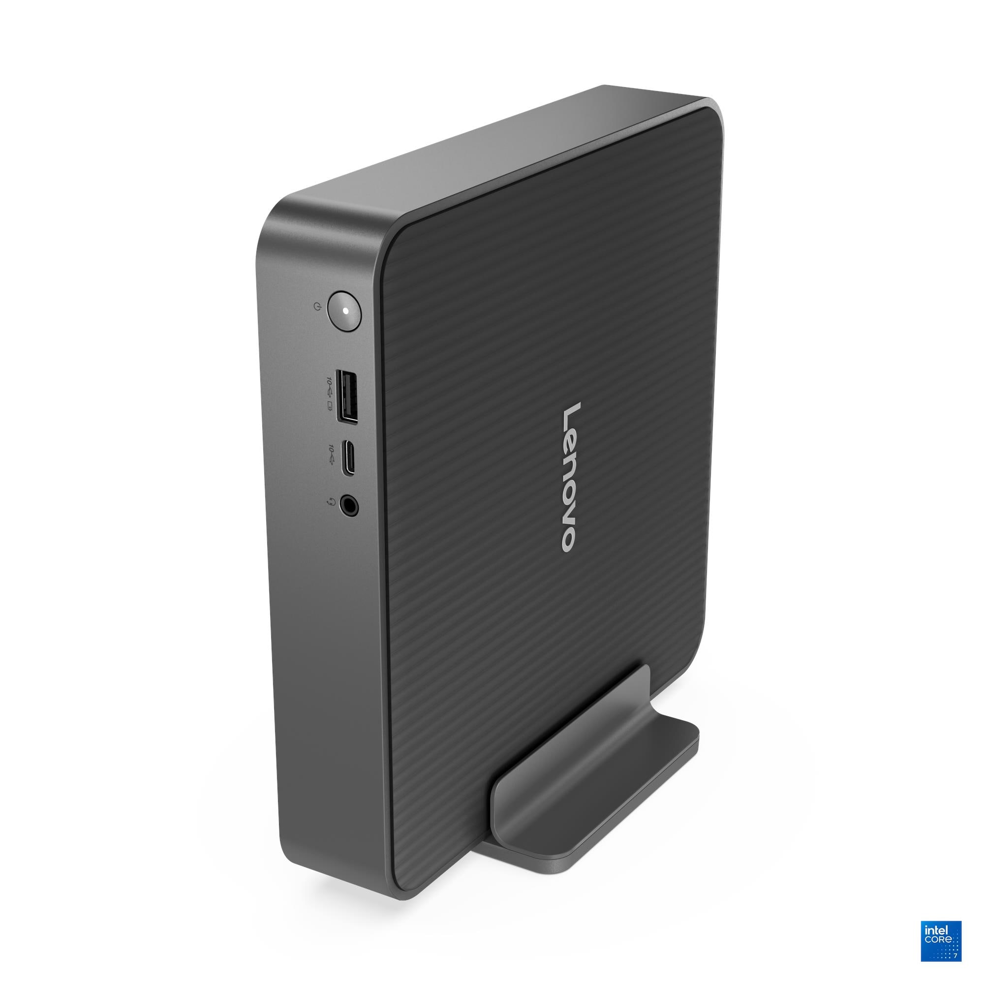 Un mini PC Lenovo gris está de pie en un soporte sobre fondo blanco.