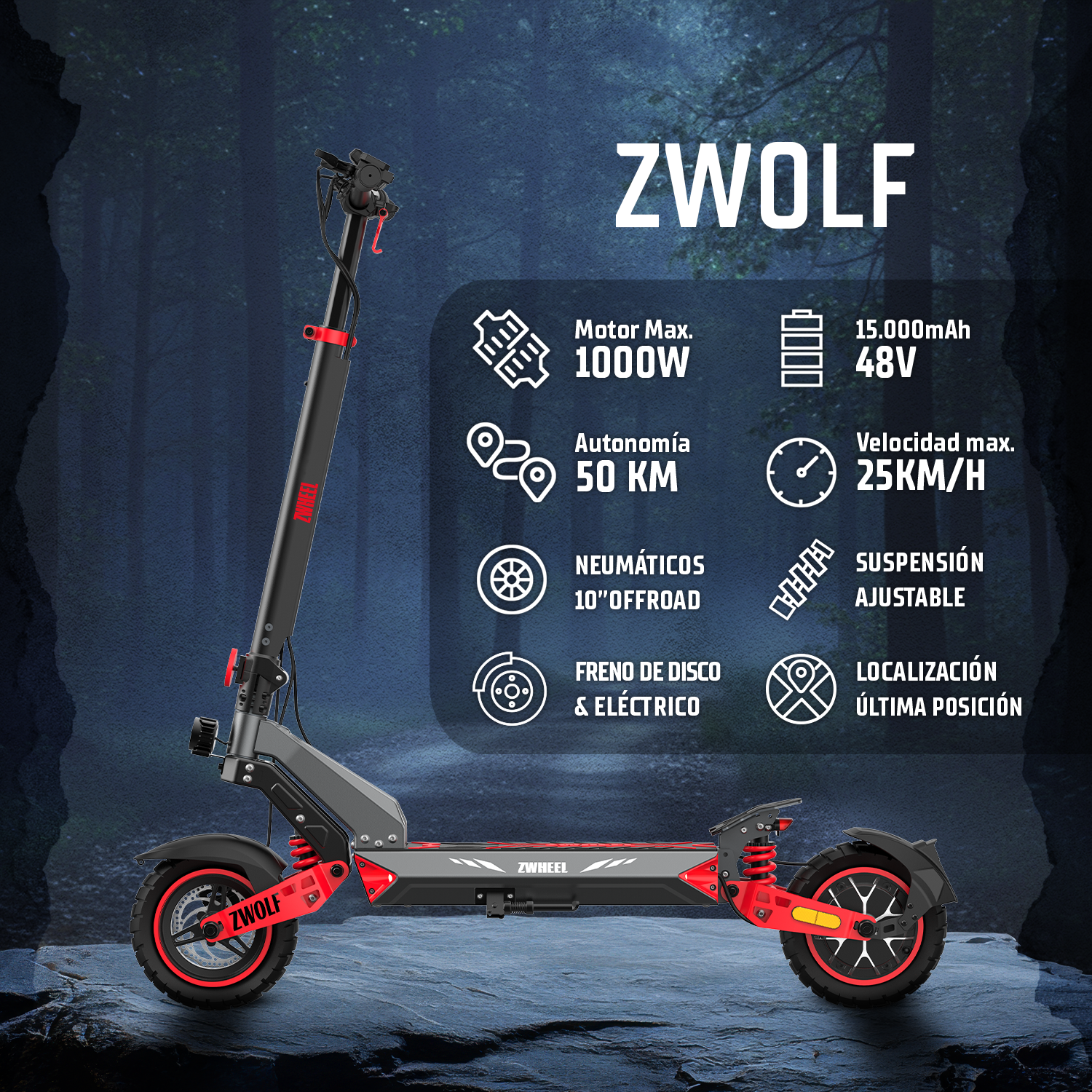 Un patinete eléctrico con detalles rojos sobre rocas ante un bosque oscuro, acompañado de especificaciones técnicas.
