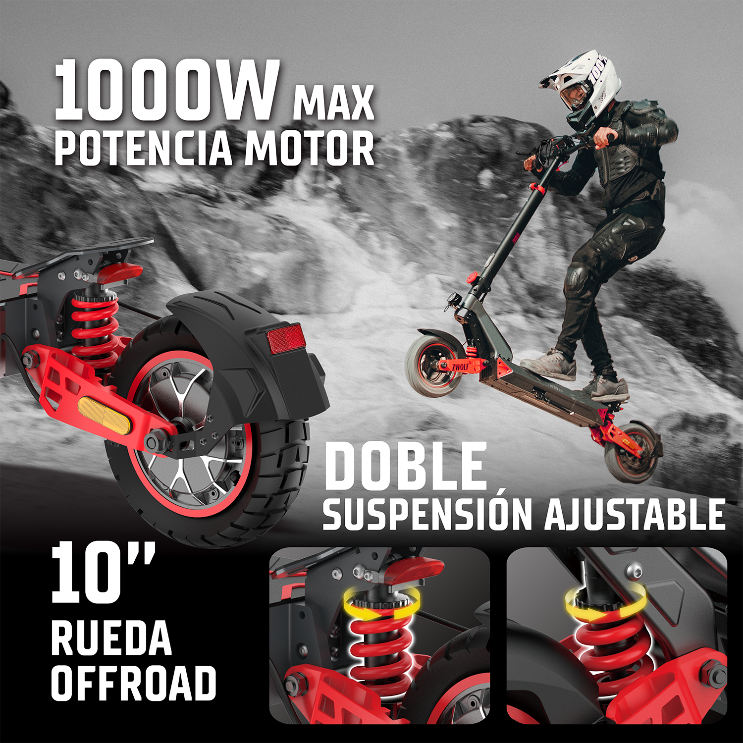 Un motociclista en patinete eléctrico todoterreno con motor de 1000W y doble suspensión.