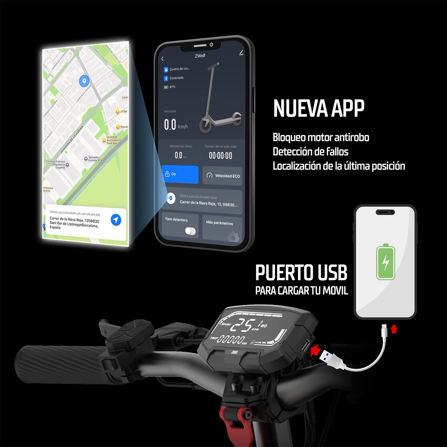 Interfaz de app con mapa GPS, controles del patinete y puerto USB en el manillar.