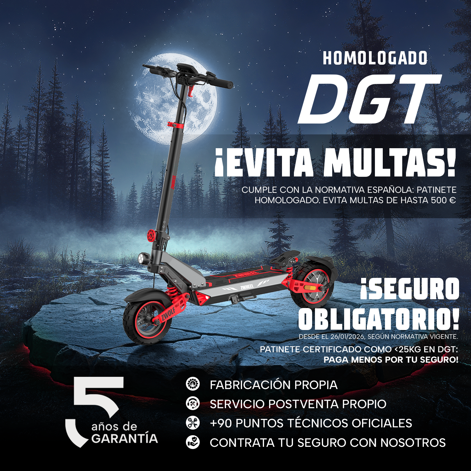 Patinete eléctrico negro y rojo sobre una roca brillante en un bosque iluminado por la luna con texto publicitario.