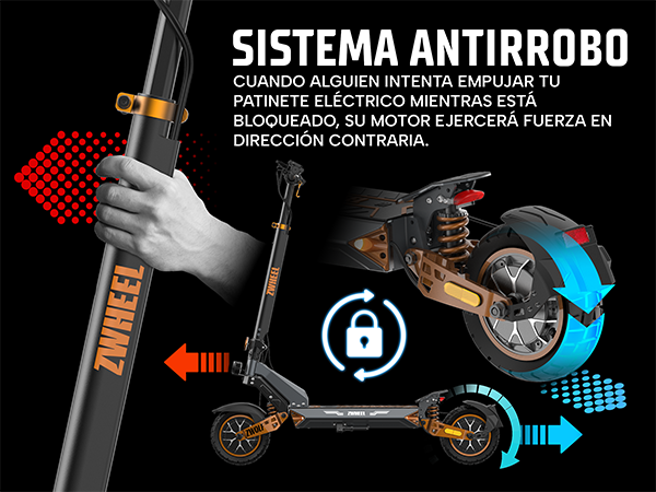 Patinete eléctrico que muestra su sistema antirrobo con rueda trasera bloqueada.