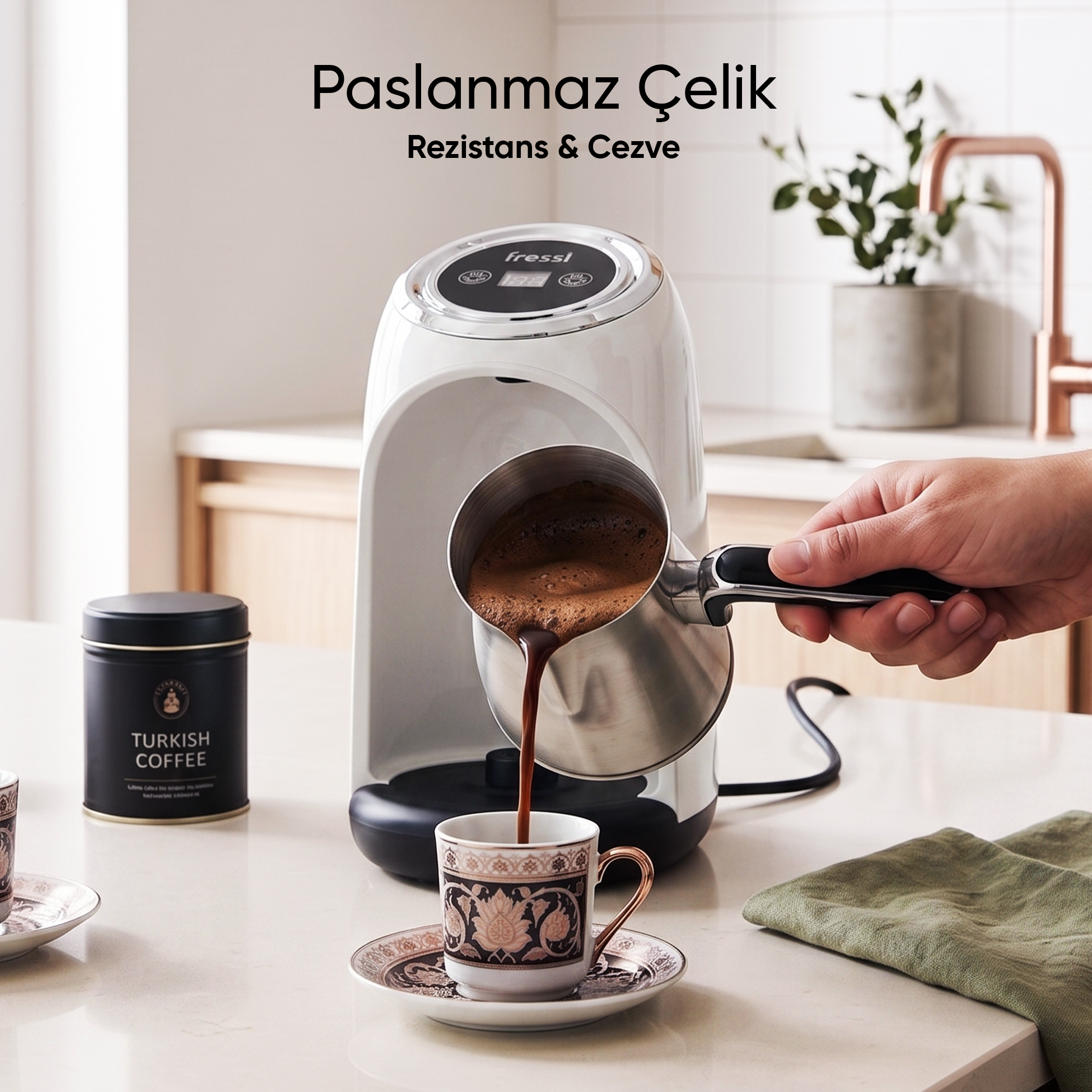 Beyaz bir kahve makinesinin önünde, bir cezveden süslü fincana Türk kahvesi döken el.