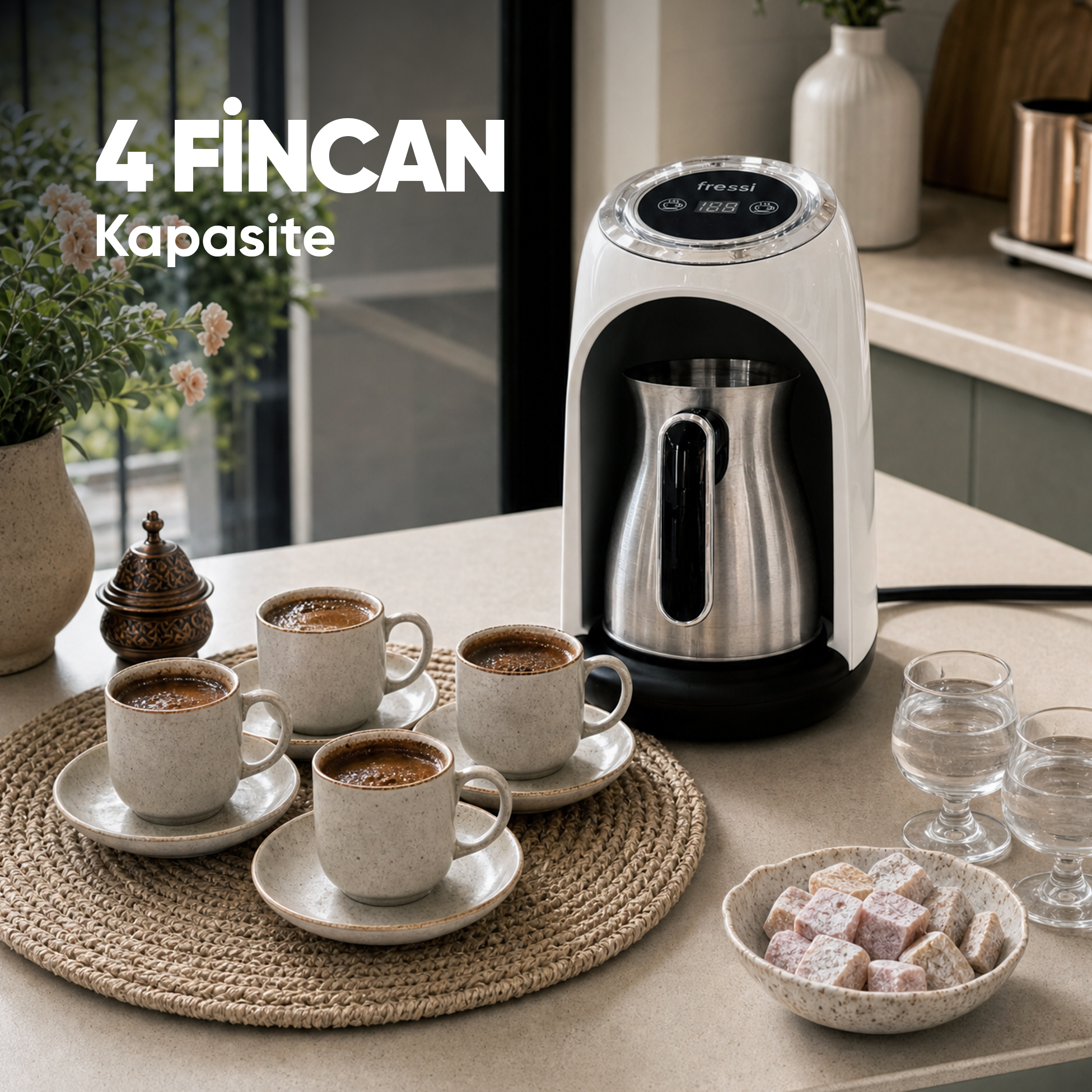 Masada dört fincan Türk kahvesi, su bardakları ve lokum bulunan bir kahve makinesi.