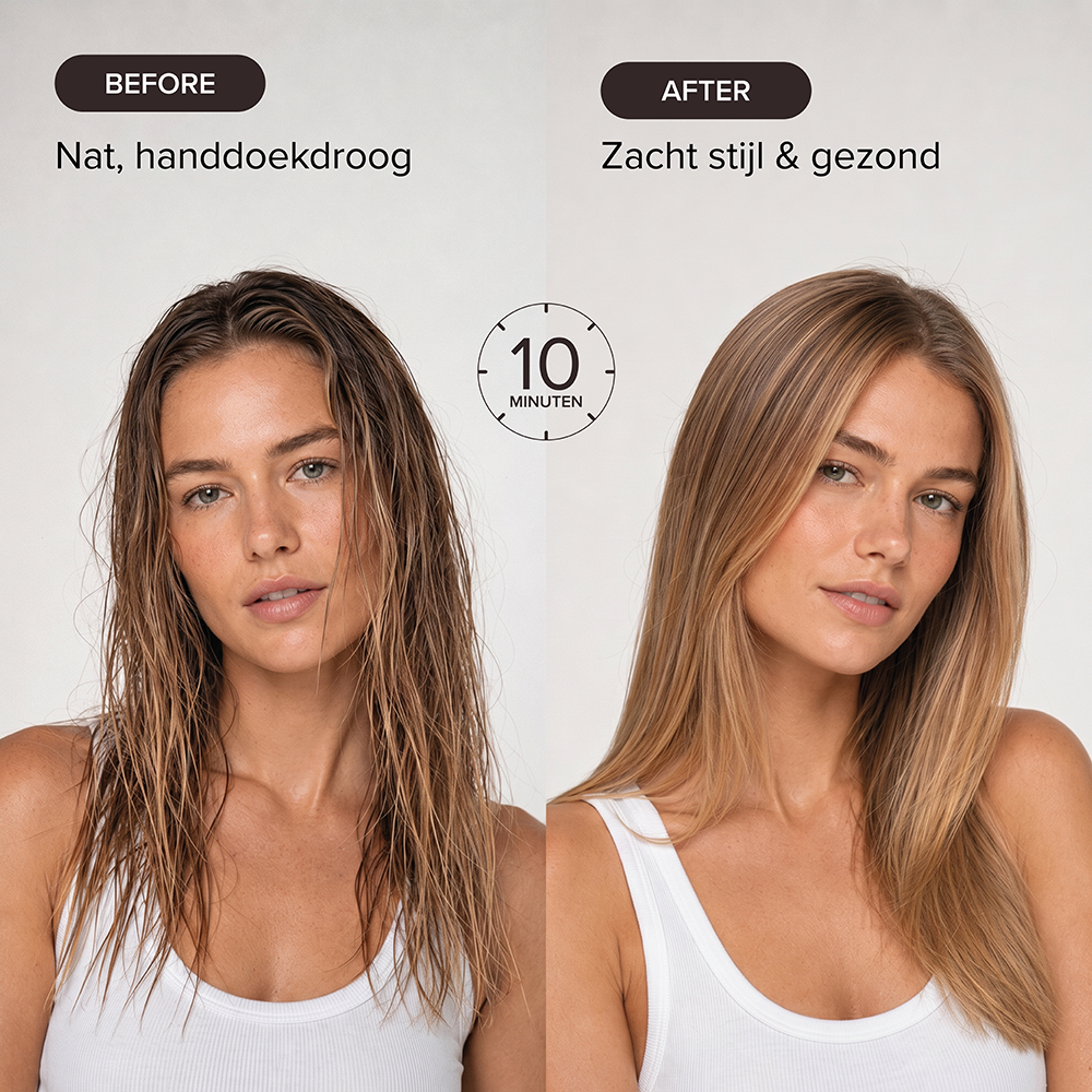 Before and after: wet hair transforms into smooth, healthy hair in 10 minutes.