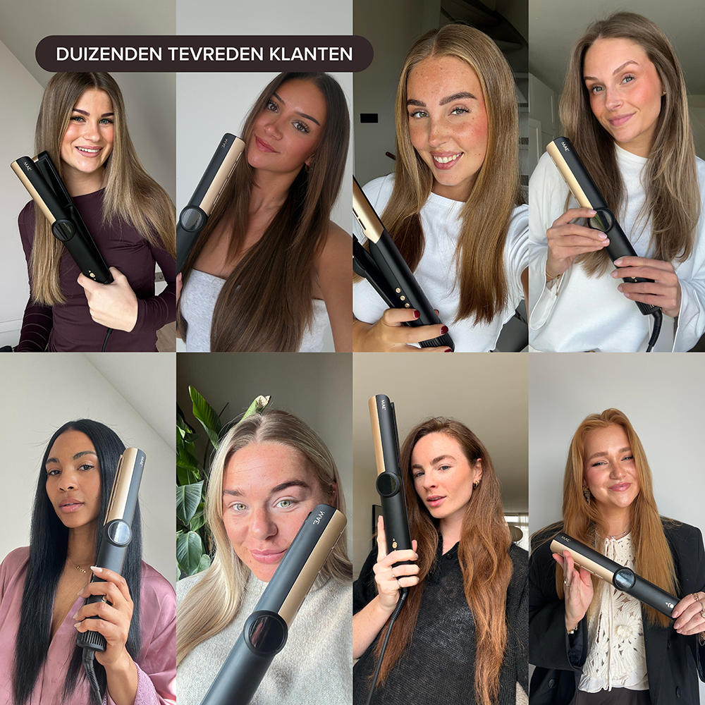 A collage of eight women, each holding a black and gold hair styling tool.