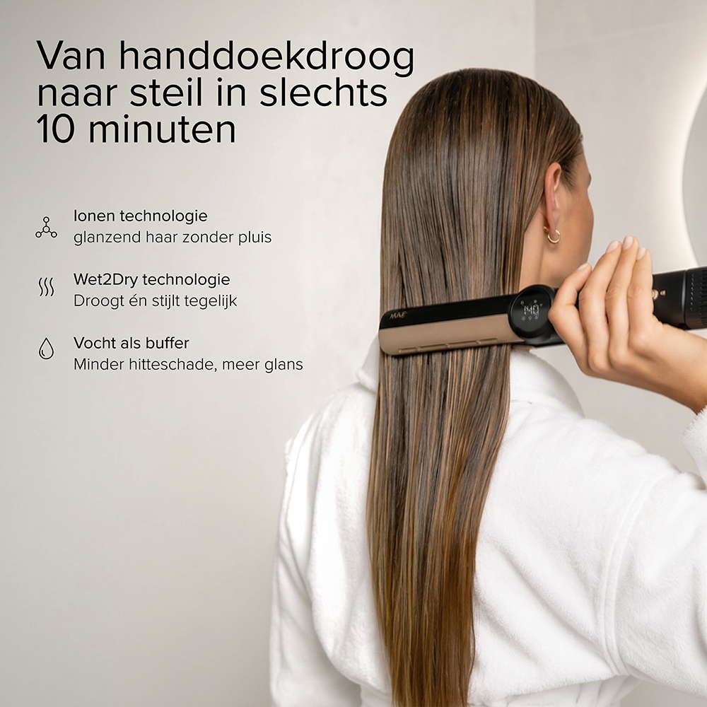 A woman in a white robe straightens her long brown hair with a black styling tool, alongside Dutch promotional text.