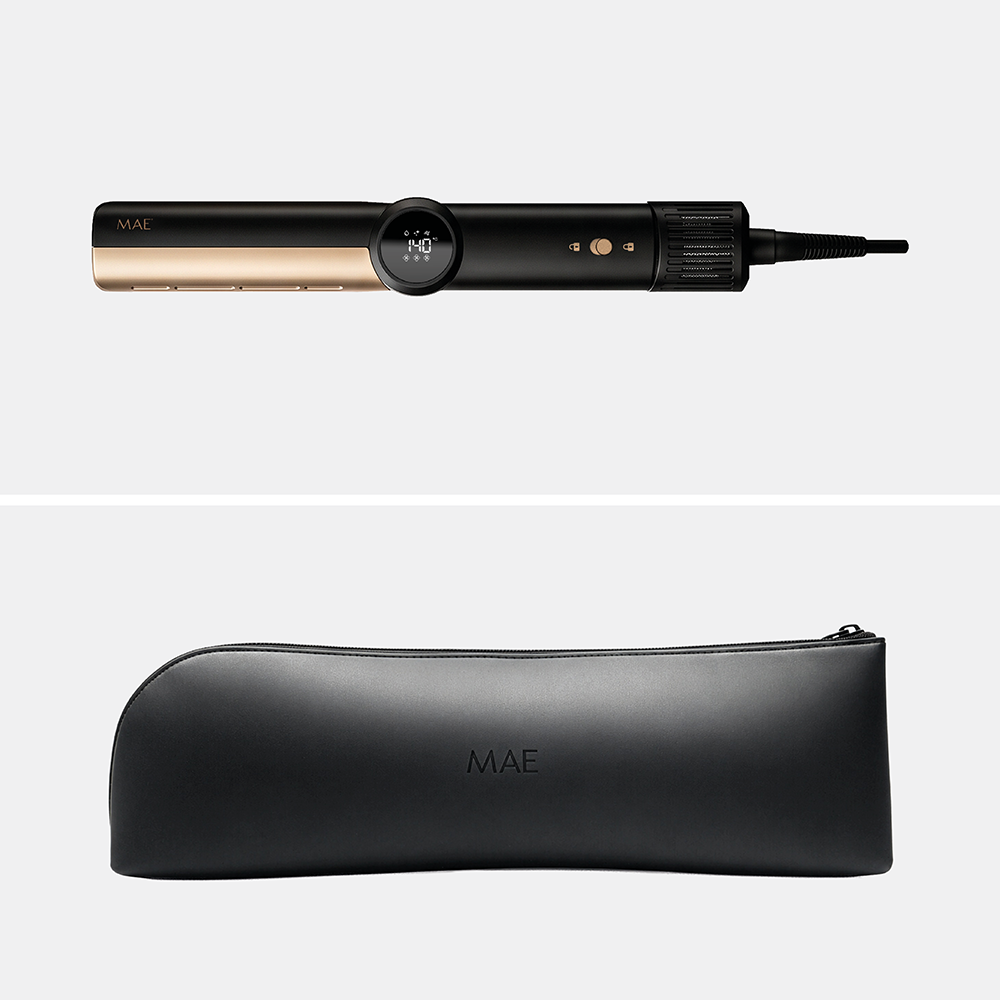 A black and gold MAE hair straightener with digital display and a matching black case on a white background.