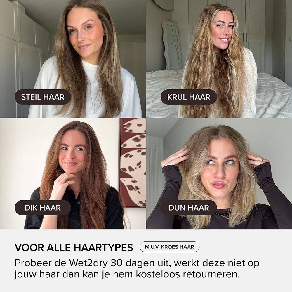 Four women showing different hair types with Dutch text on labels and bottom for a hair styling promotion.