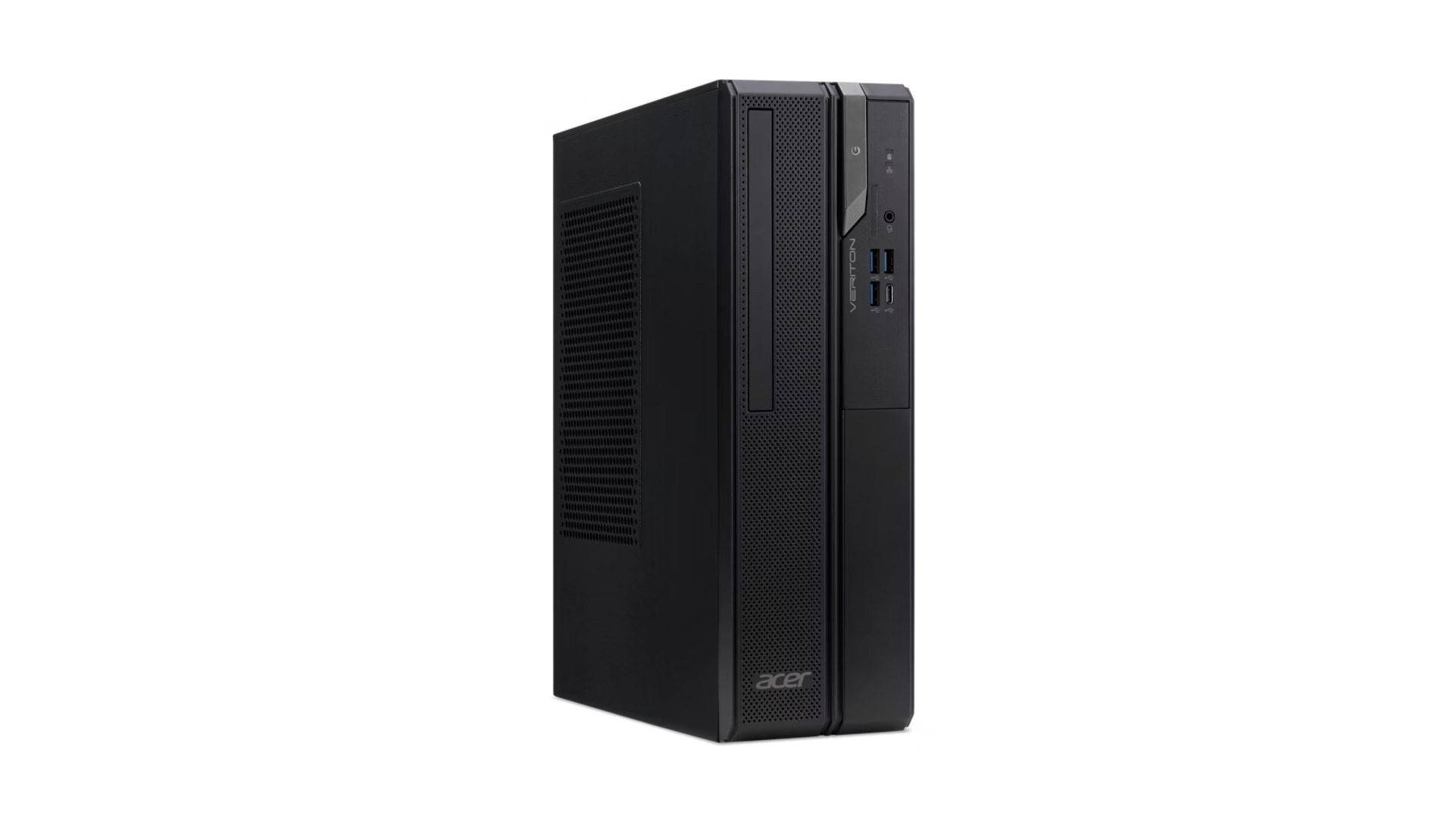 Una torre per computer desktop Acer nera è mostrata su sfondo bianco.