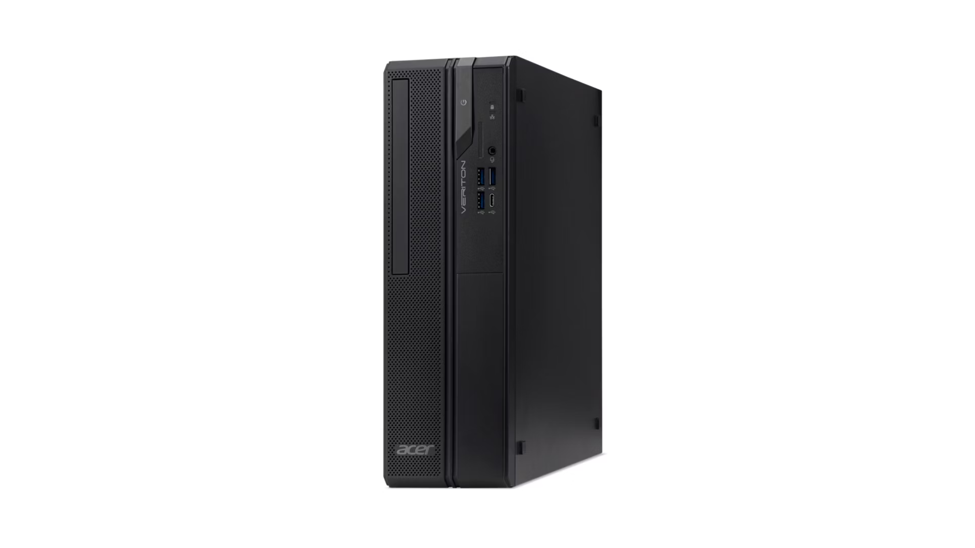 Un computer desktop Acer Veriton nero in formato tower, visto frontalmente su sfondo bianco.