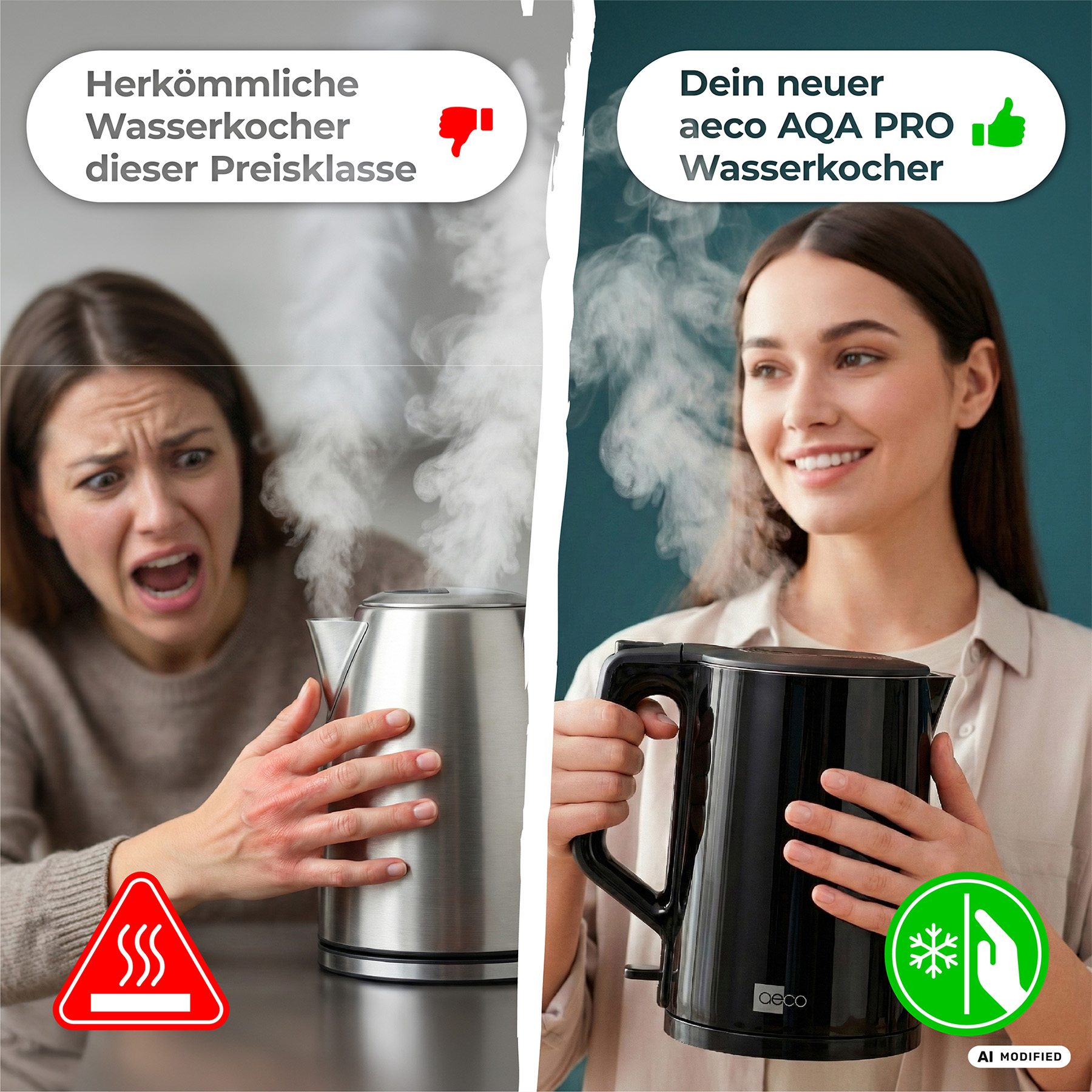 Vergleich zweier Wasserkocher: Ein heißer silberner mit Schmerz und ein sicherer schwarzer mit kühler Oberfläche.