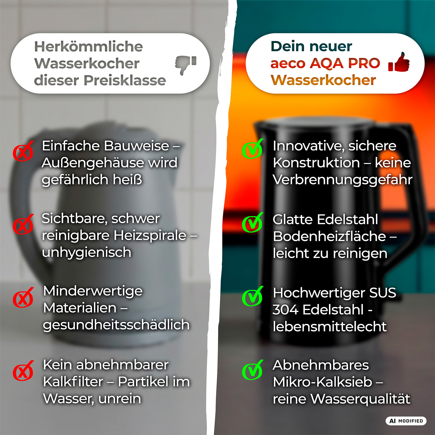 Vergleich zweier Wasserkocher: Ein grauer (Nachteile) gegenüber einem schwarzen aeco AQA PRO (Vorteile).