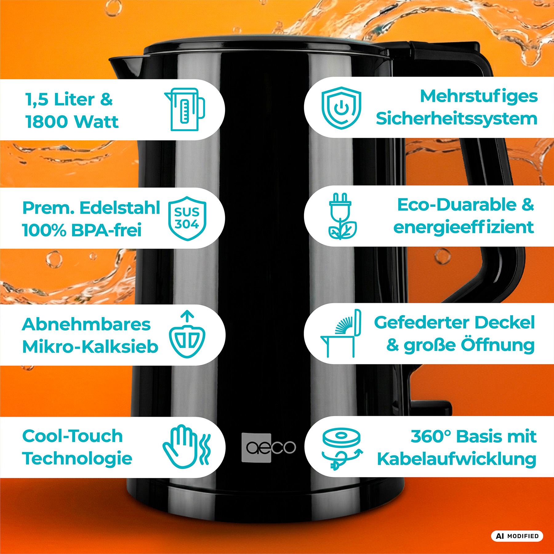 Schwarzer aeco Wasserkocher mit orangefarbenem Hintergrund und erklärenden Produktfeatures in Textboxen.