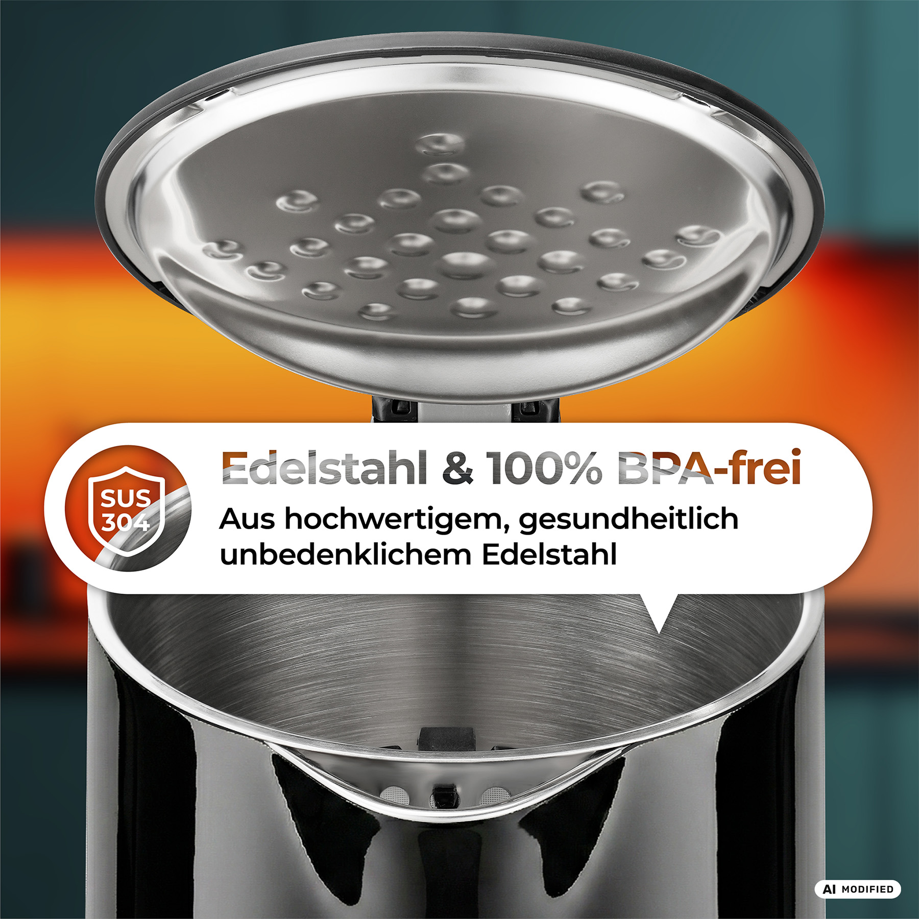Offener schwarzer Edelstahl-Wasserkocher mit Dampfsieb im Deckel und deutscher Beschriftung.