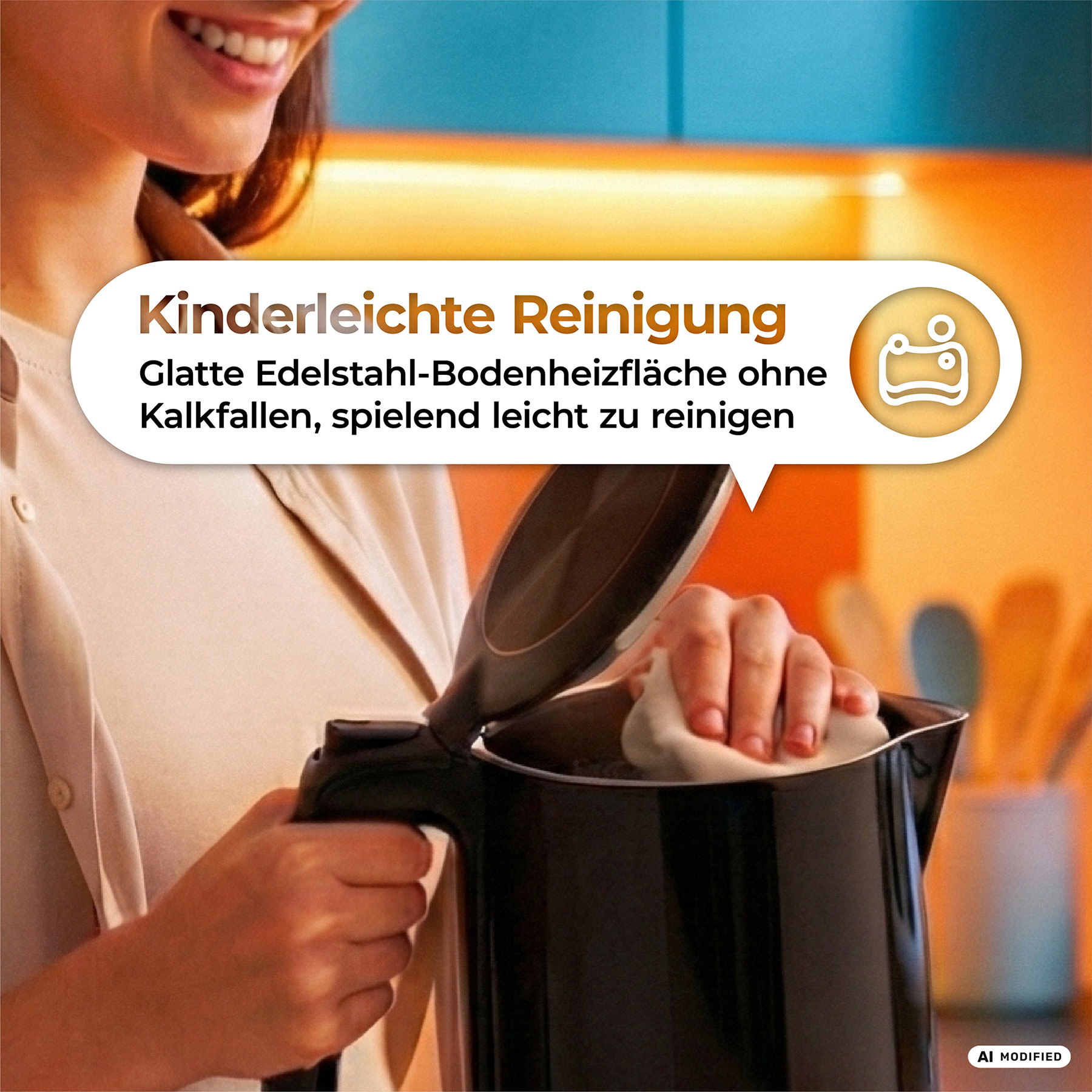 Eine Frau wischt das Innere eines schwarzen Wasserkochers mit einem Tuch aus. Textblase darüber zeigt Reinigungsinfo.