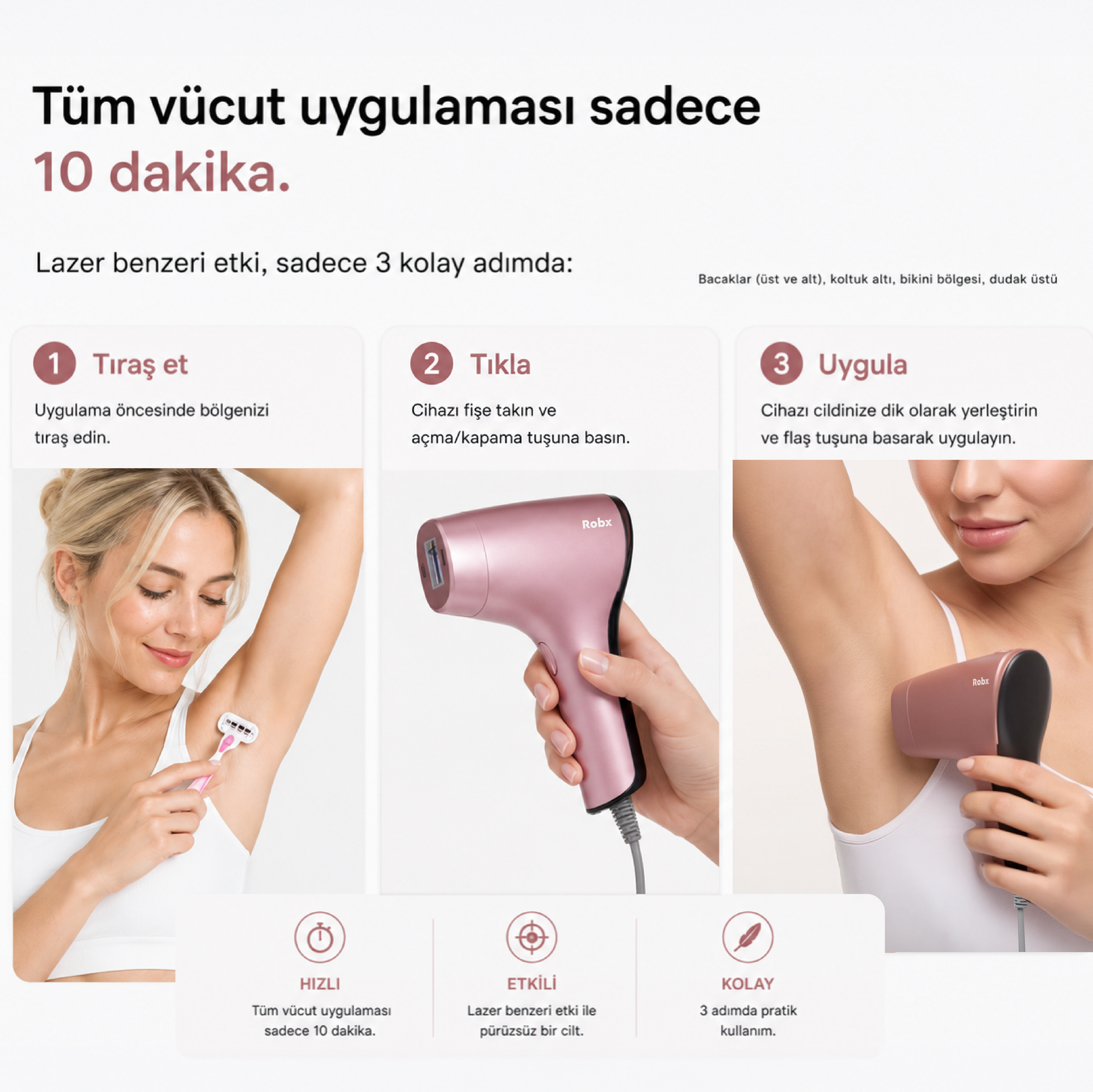 Pembe bir epilasyon cihazının kullanımını gösteren 3 basit adımlı infografik.