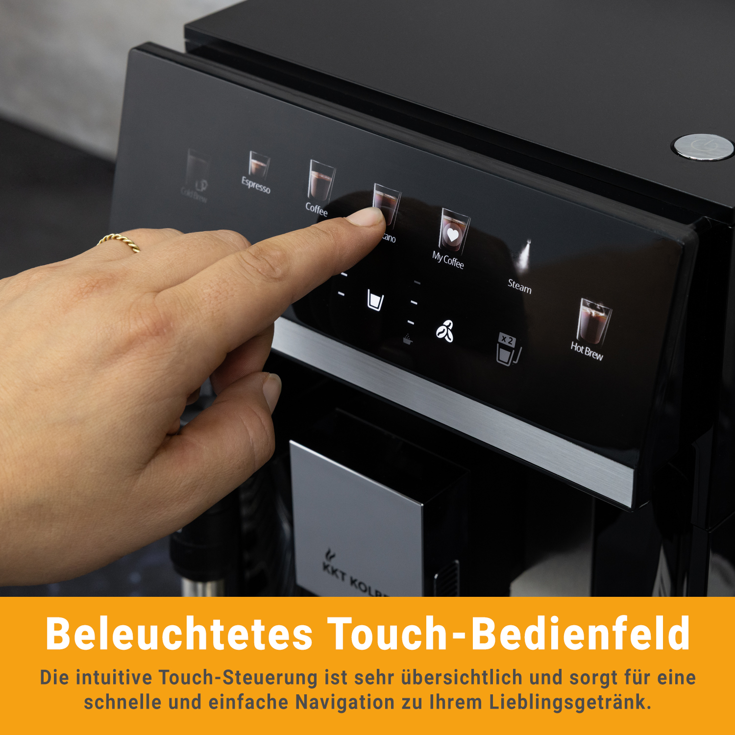 Un dito tocca il pannello di controllo touch illuminato di una moderna macchina da caffè nera.