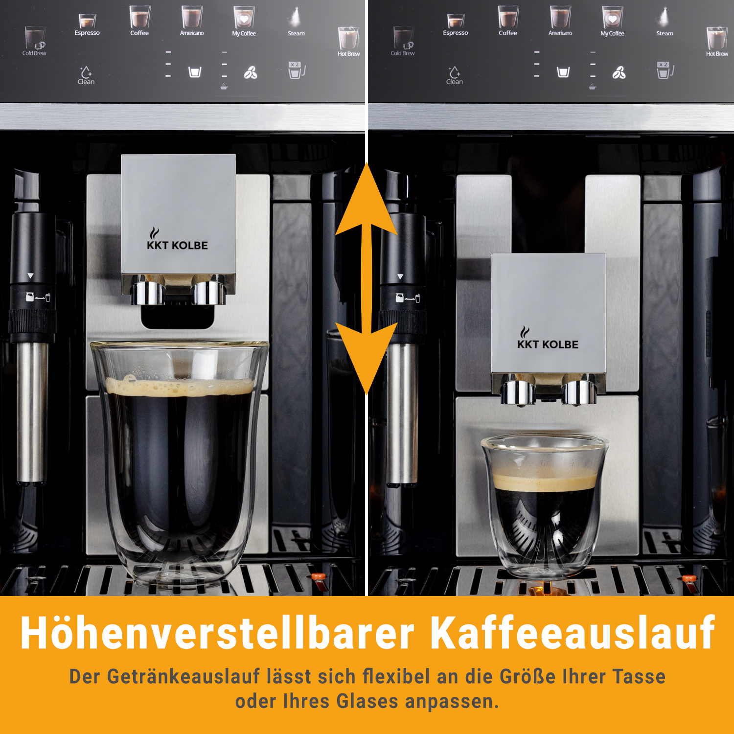 Macchina da caffè con beccuccio regolabile in altezza per tazze e bicchieri di diverse dimensioni.