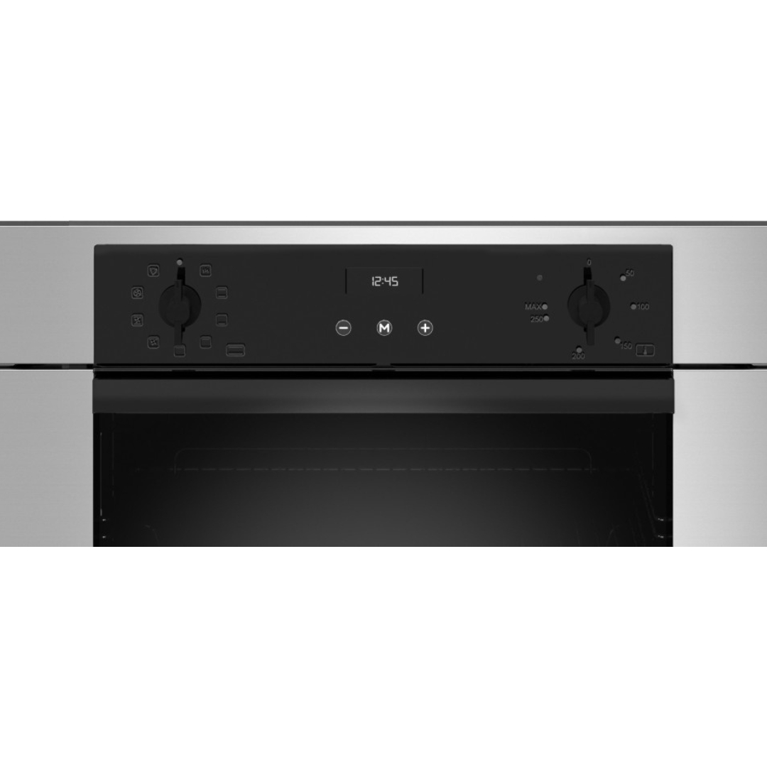 Pannello di controllo del forno in acciaio inossidabile con display nero, due manopole e pulsanti a sfioramento.