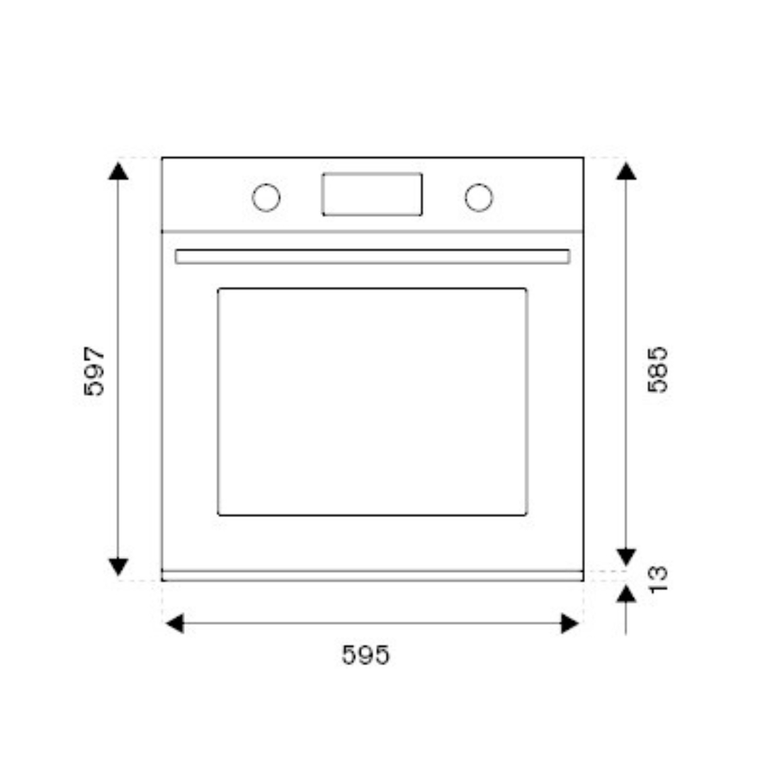 Disegno tecnico di un forno con dimensioni in millimetri.