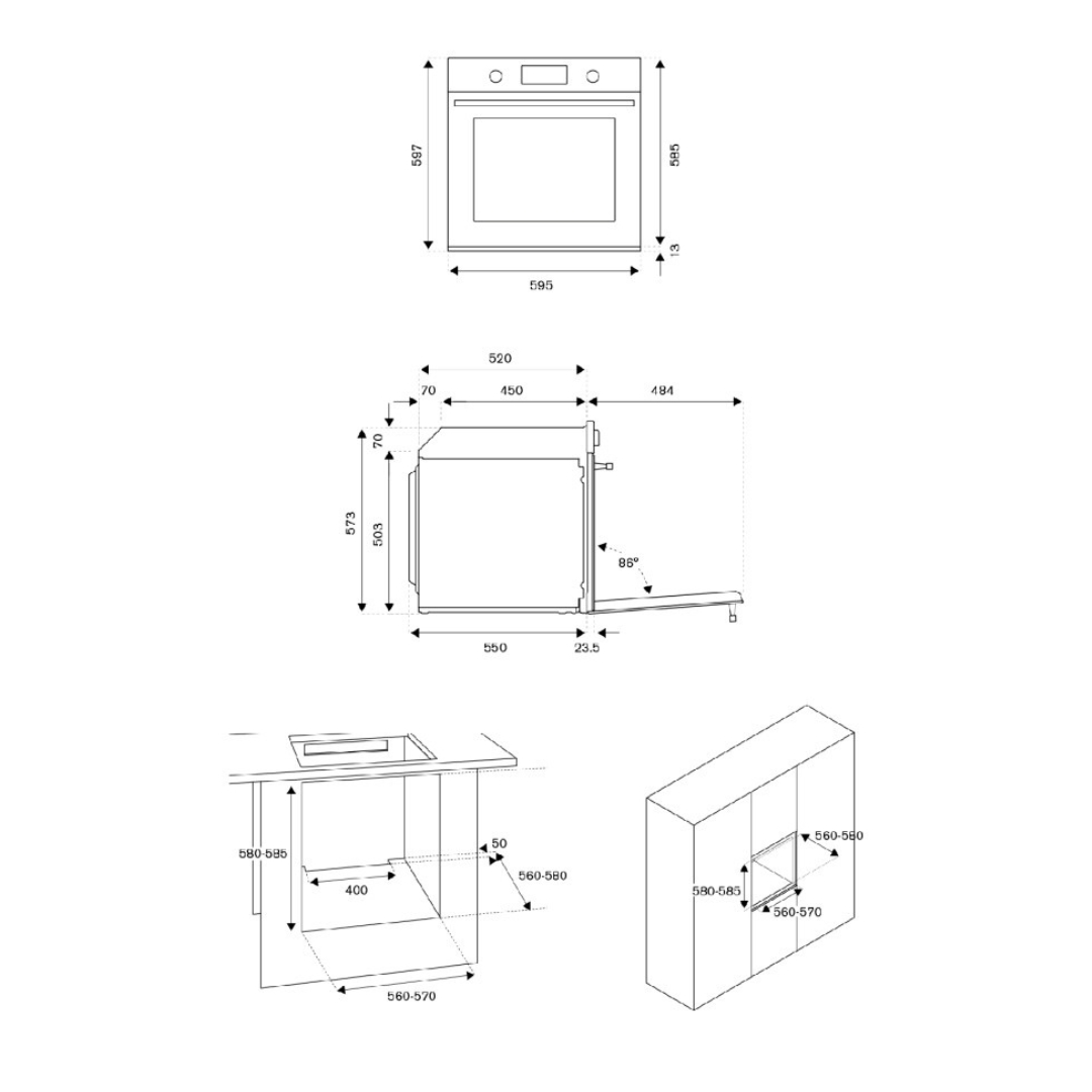 Disegno tecnico di un forno con varie misure in millimetri per le viste frontale, laterale e incassata.