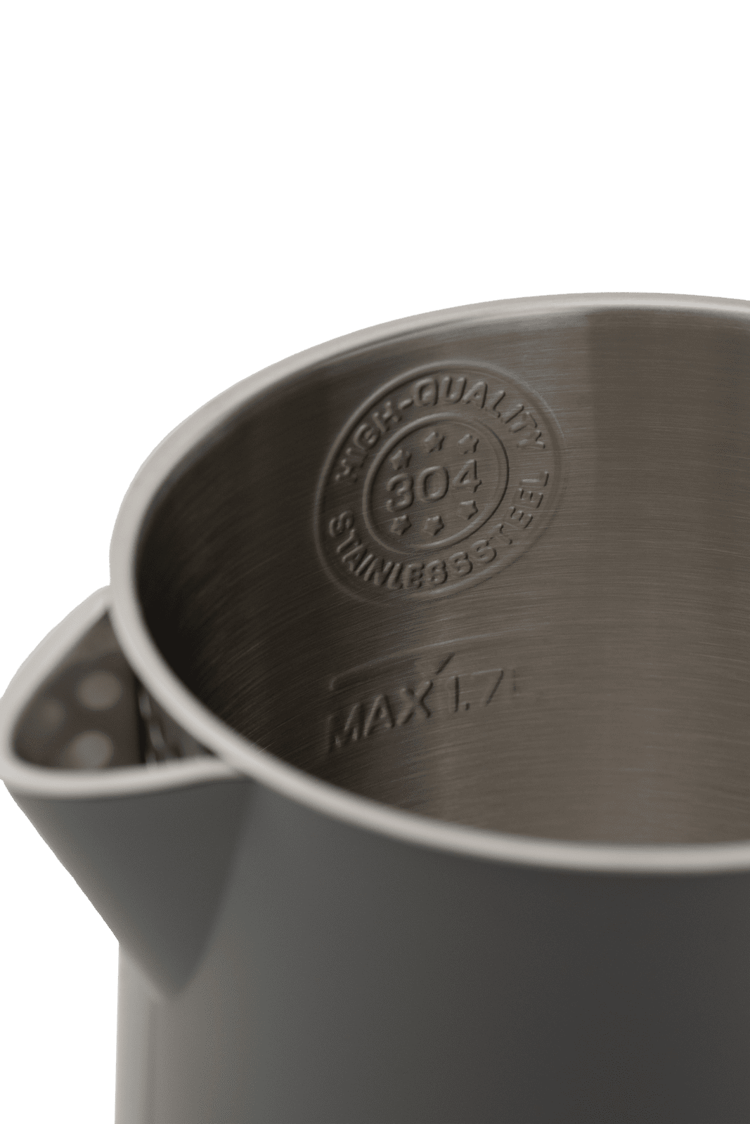 Wnętrze czajnika ze stali nierdzewnej z wytłoczonym napisem 'HIGH QUALITY STAINLESS STEEL 304' i 'MAX 1.7L'.
