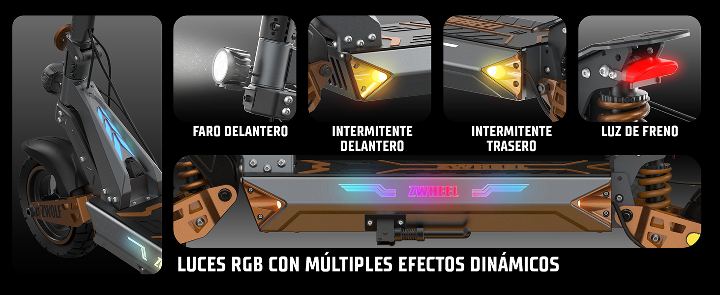 Un patinete eléctrico que destaca detalles como faros, intermitentes, luz de freno e iluminación RGB.