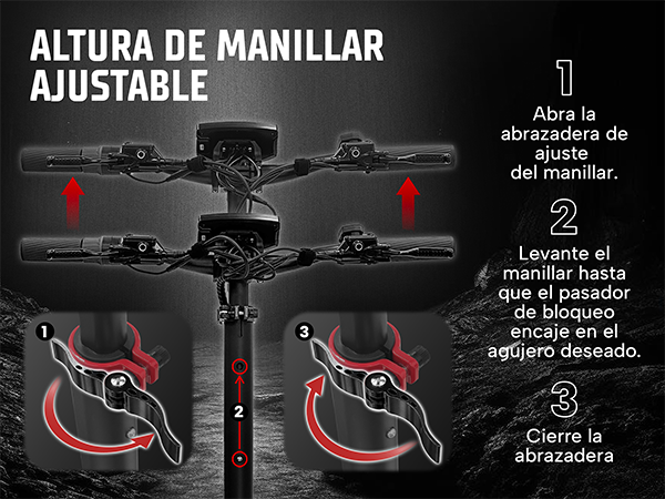 Instrucciones para ajustar la altura del manillar de un patinete eléctrico en tres pasos.