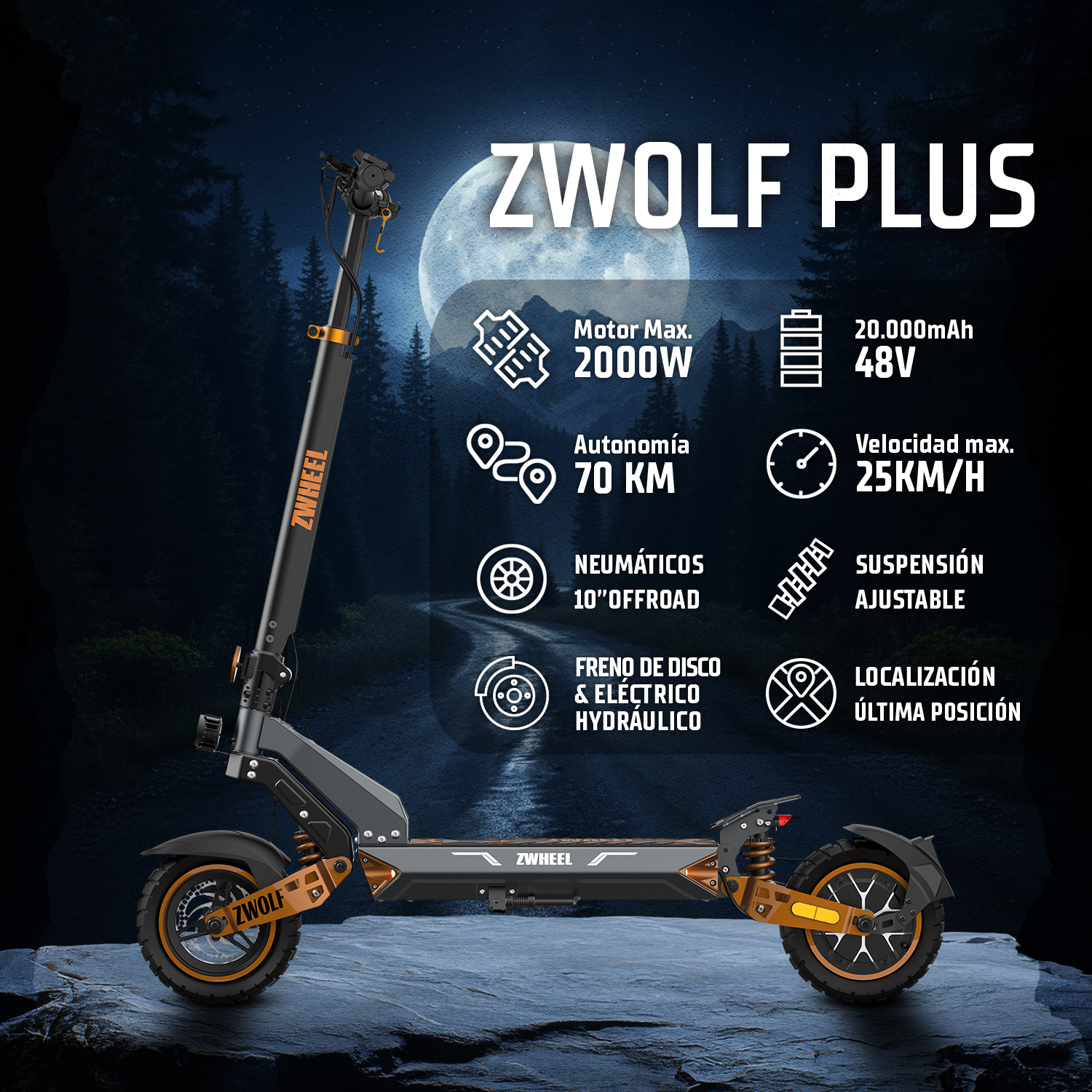 Un patinete eléctrico ZWOLF PLUS sobre una roca frente a un bosque nocturno con luna llena y especificaciones.