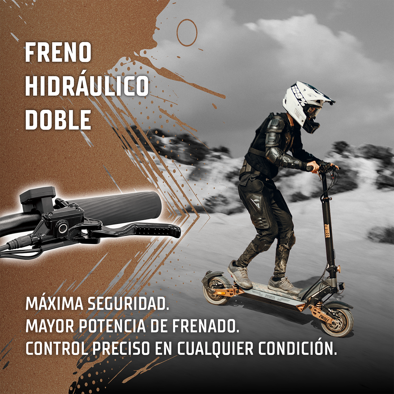 Un conductor con casco en patinete eléctrico, con primer plano de la maneta de freno y texto publicitario.