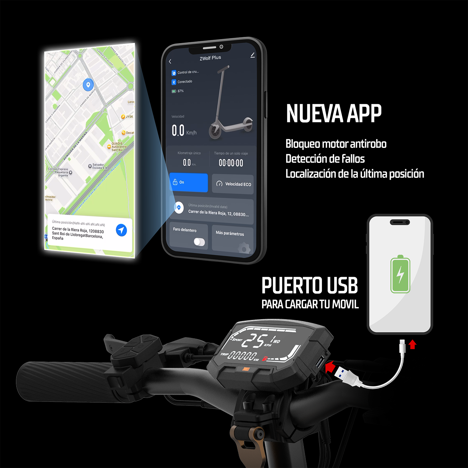 Interfaz de app, pantalla de patinete y puerto USB para cargar el móvil.