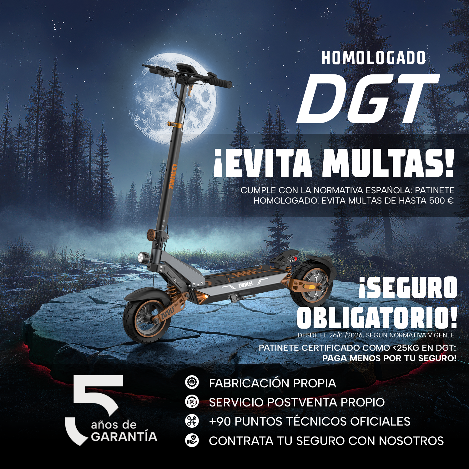 Un patinete eléctrico sobre una plataforma rocosa de noche ante un bosque y luna llena, rodeado de texto promocional.