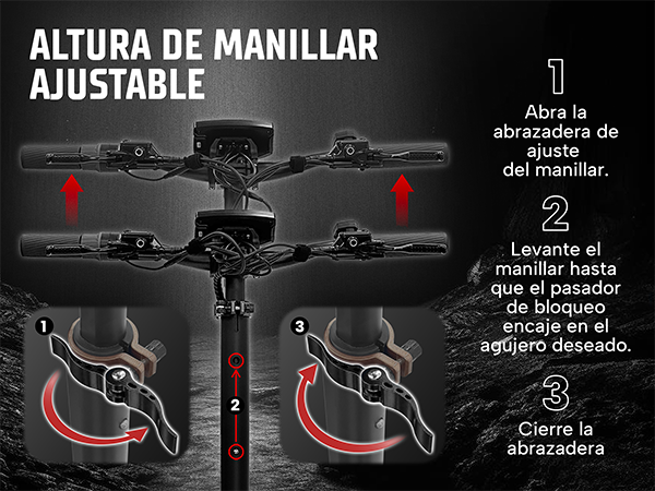 Instrucciones para la altura del manillar ajustable en un patinete eléctrico con tres pasos y gráficos.