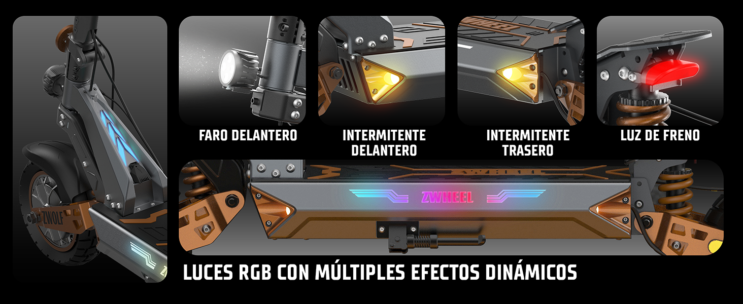 Un patinete eléctrico que destaca características como faro delantero, intermitentes, luz de freno y luces RGB.
