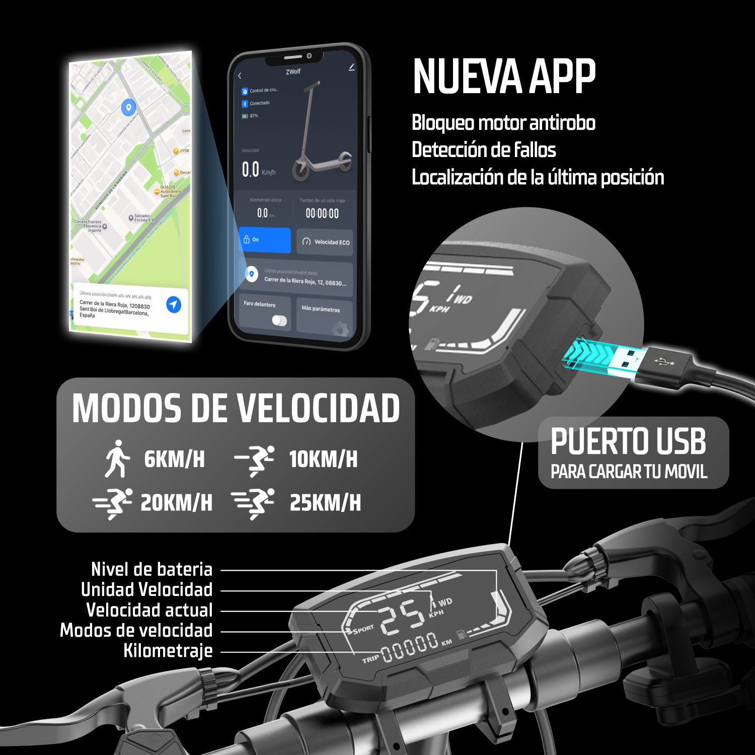 Panel de patinete eléctrico, aplicación, mapa, modos de velocidad y puerto USB sobre fondo negro.