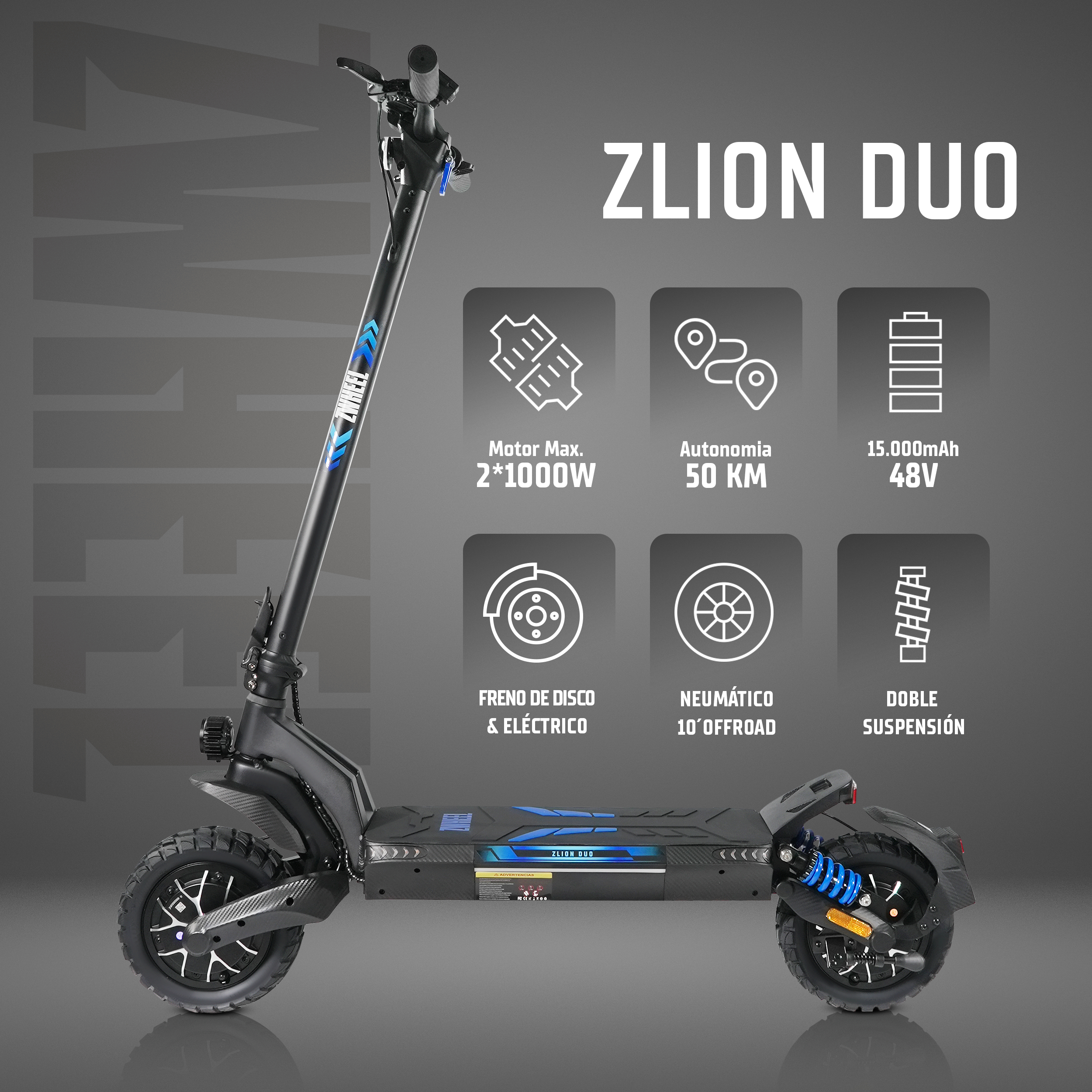 Patinete eléctrico negro Zlion Duo con detalles azules, suspensión e iconos técnicos.