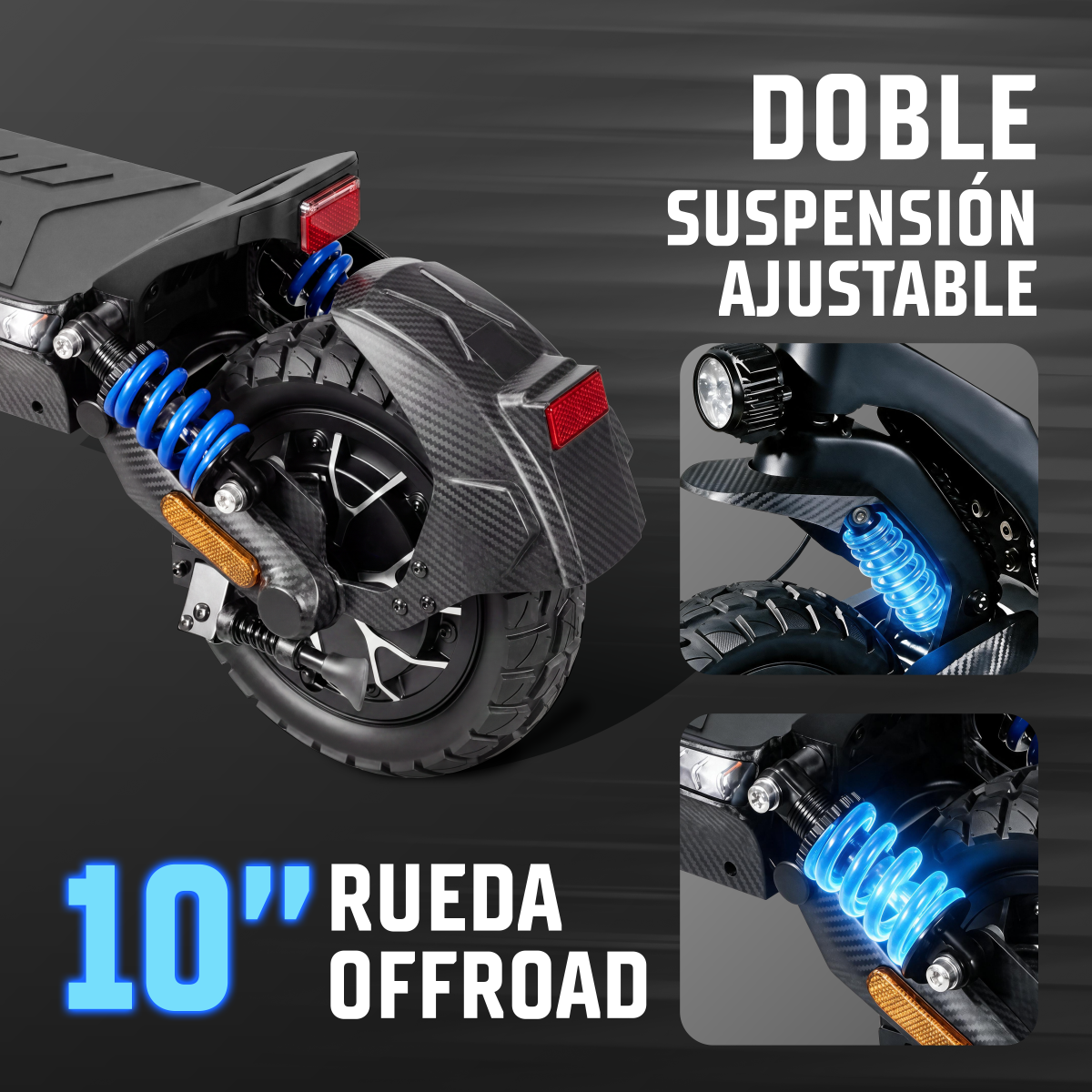 Patinete eléctrico con ruedas todoterreno de 10 pulgadas y doble suspensión ajustable.
