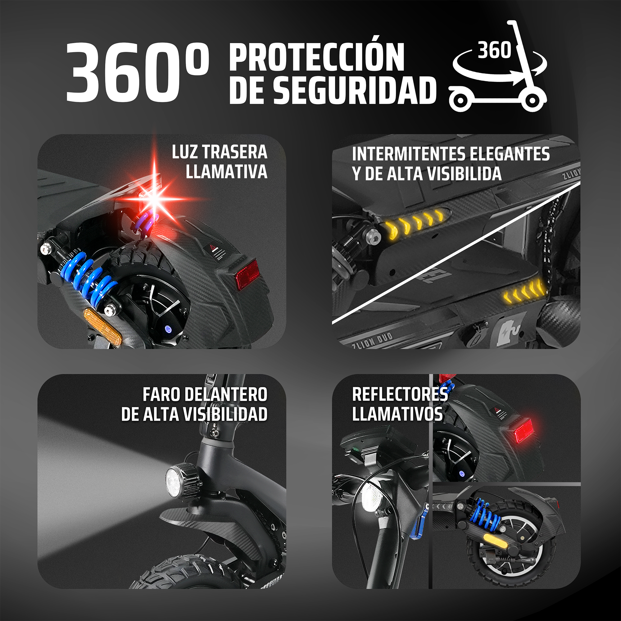 Infografía de seguridad de patinete eléctrico que destaca luces traseras y delanteras, intermitentes y reflectores.