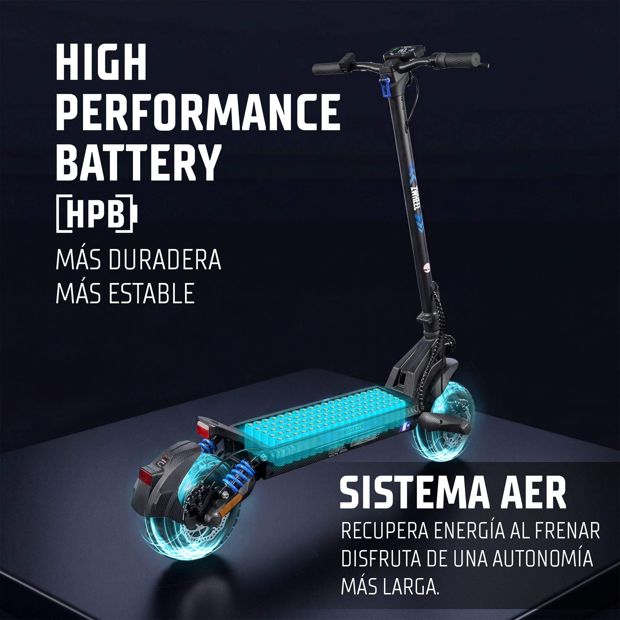 Un patinete eléctrico negro con una batería azul brillante en la base y ruedas azules brillantes.